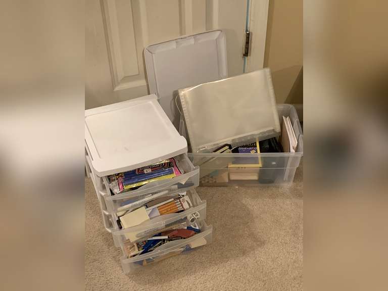 SMALL 3 DRAWER PLASTIC ORGANIZER & TOTE W/ LID - BOTH FULL OF ASSORTED OFFICE SUPPLIES - UP MASTER BED image