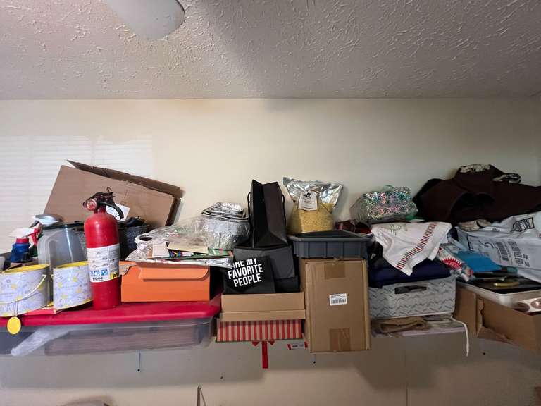 Laundry… Shelf lot marked 1426, includes all content on shelf of assorted household items to include a vintage enamelware bucket with handle, heavy duty packing tape, disposable steam table pans, essential oils, jar lids, and much more. See pictures for details. image