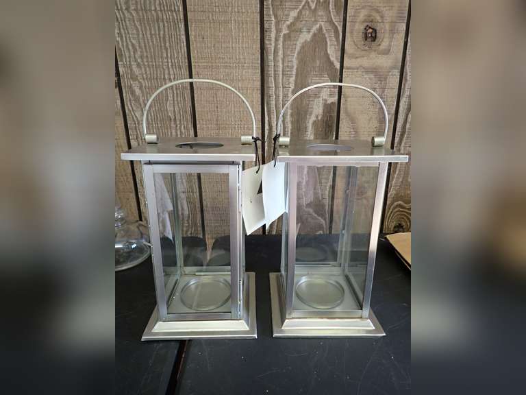 Pair of Large Silver Metal and Glass Candle Lanterns image