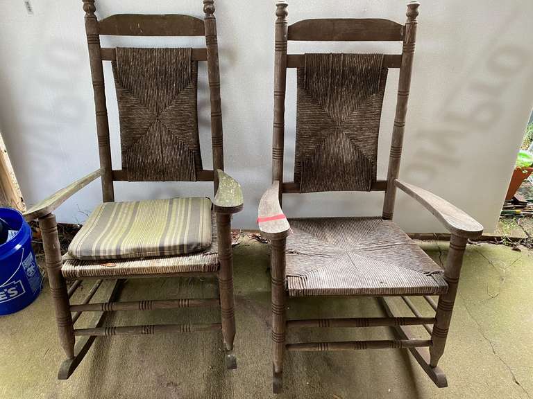 Vintage wooden rockers with rush seats and backs, see pictures for details. image