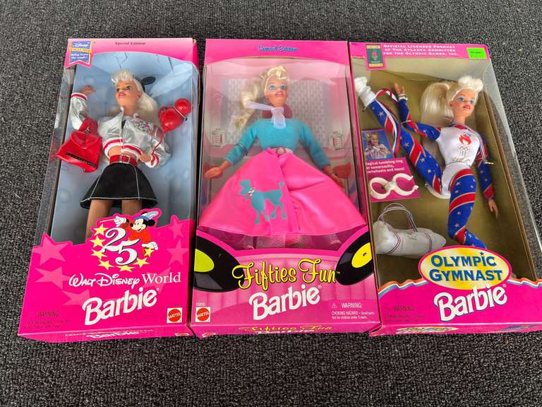Olympic Gymnast Barbie, 25th anniversary of Walt Disney World Barbie, and Fifties Fun Barbie, all three pieces come in original boxes, see pictures for details. image