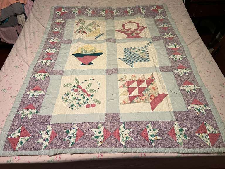 LR…Vintage custom quilt, seller states this piece was made by his grandmother, see pictures for details. image