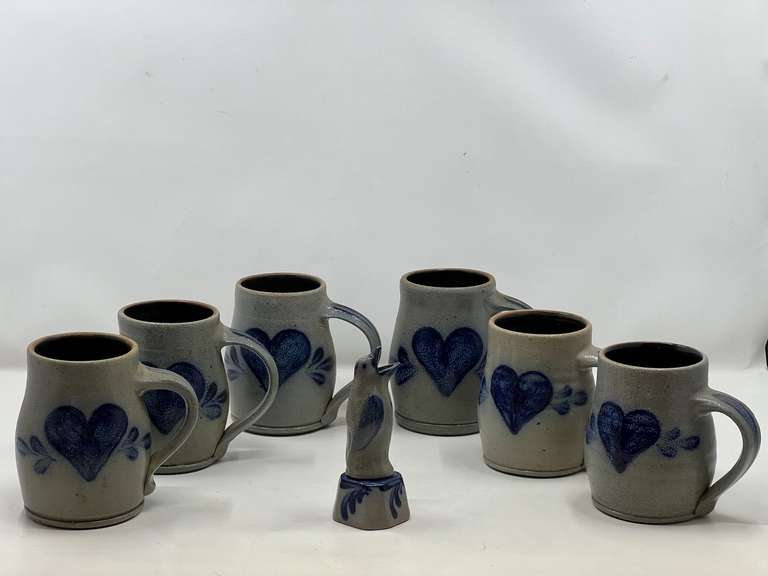 KIT…Rowe pottery stoneware mugs, also includes a Rowe pottery pie bird with stand, see pictures for details. image