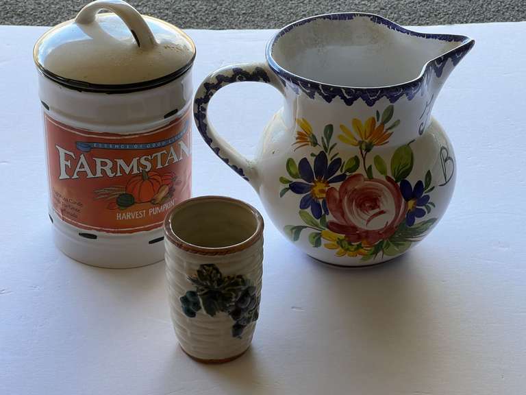Lovely Italian made pitcher, decorative candle, and ceramic juice cup with embossed grape and leaf motif, see pictures for details. image