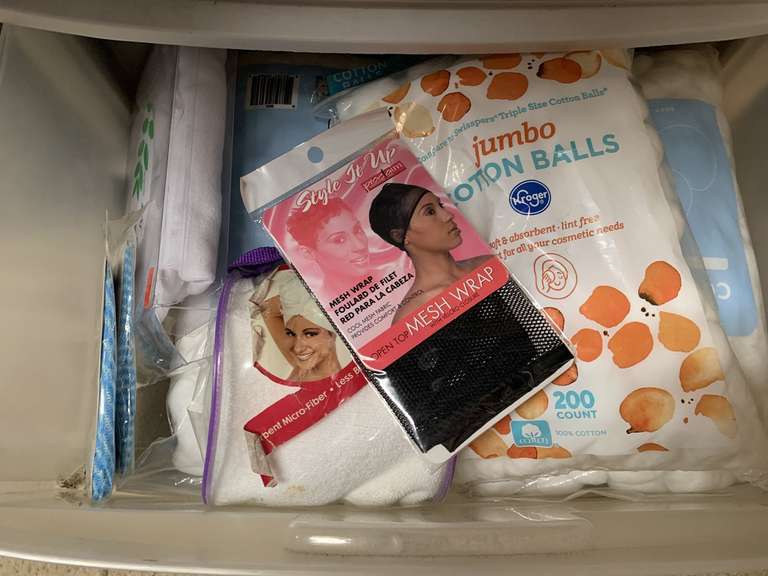 DRAWER FULL OF NEW HAIR TURBANS, BAGS OF NEW COTTON BALLS & MORE - UP MASTER CLOSET 2 image