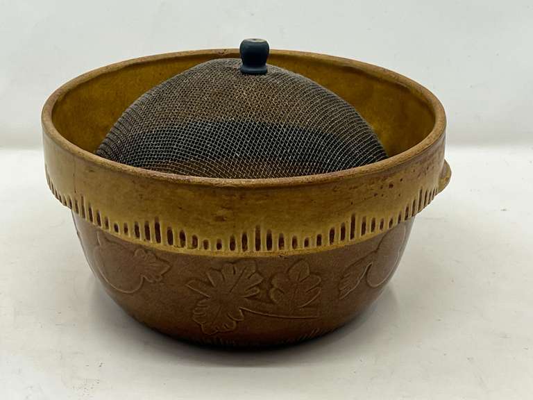 KIT…Vintage Cook-Rite stoneware mixing bowl, also comes with a vintage wire mesh food cover, see pictures for details. image