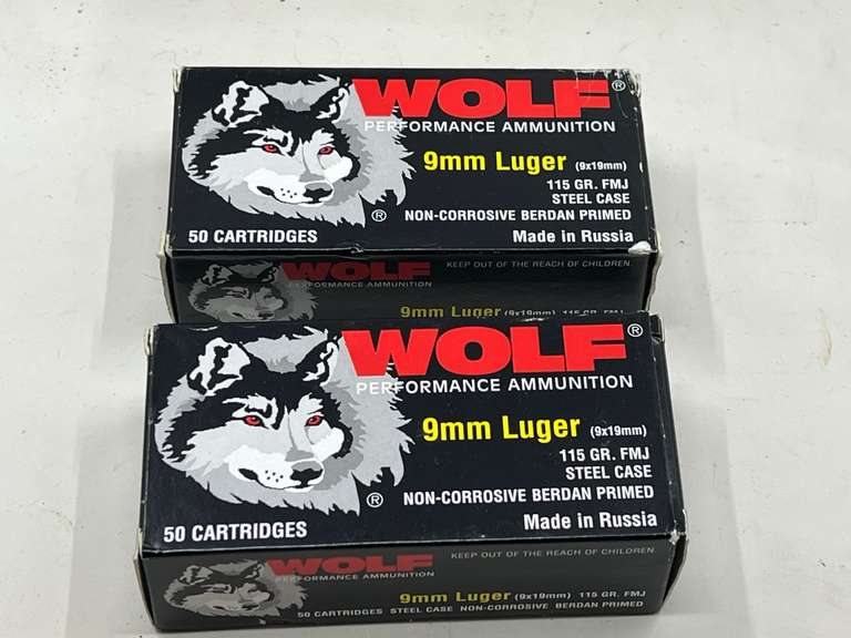 DEN… Wolf 9 mm Luger, 115 grain ammunition. Two boxes, tub is not included, see pictures for details. image