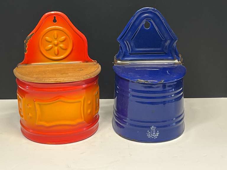 Vintage wall mount, enameled food storage containers, i.e. salt, sugar, flour etc., two pieces, see pictures for details. image