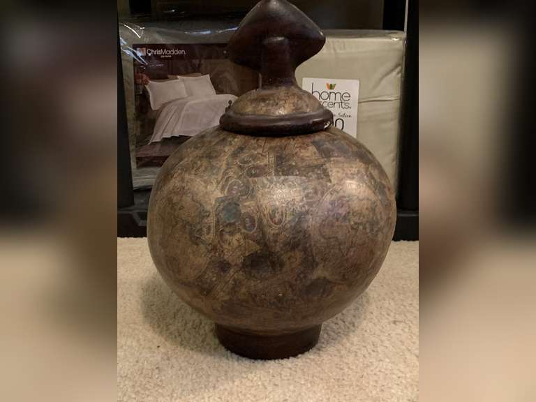 LARGE HEAVY POTTERY RELIC CASKET WITH DESIGN 17" TALL X 10" ROUND - UP BED 1 image