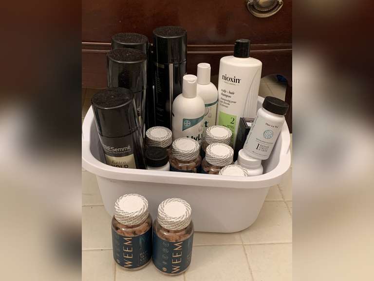CONTAINER FULL OF TRESEMME HAIR SPRAY, WEEM HAIR, SKIN & NAIL VITAMINS & MORE (CONTAINER INCLUDED) - UP MASTER BATH image