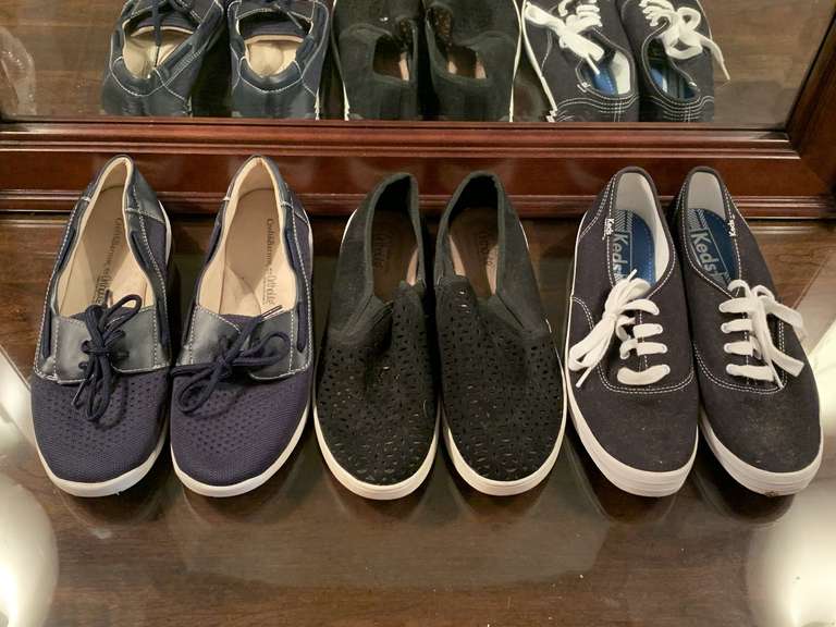 KEDS BLACK CANVAS TENNIS SHOES SIZE 9 1/2M, CROFT & BARROW BLACK SLIP ONS SIZE 9 1/2M & CROFT & BARROW BLACK SLIP ONS SIZE 8 1/2M (ALL GENTLY WORN) - UP MASTER BED image