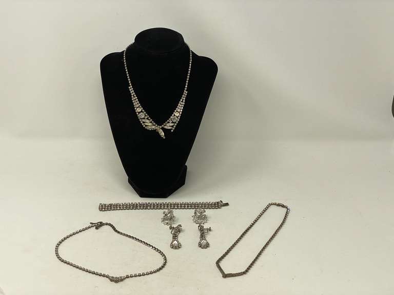 Beautiful dressy vintage rhinestone fashion jewelry, includes bracelet, necklaces, and earrings. See pictures for details. image
