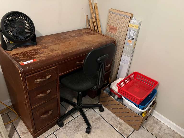 Laundry… Vintage wooden desk with rounded top, comes with desk chair, also comes with vinyl mini blinds, assorted yardsticks, mystery box of assorted sewing items, and more. See pictures for details. image