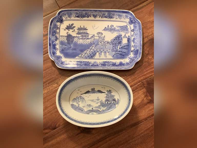 BLUE/WHITE "BLUE WILLOW" PLATTER 13 1/4" LONG X 9" WIDE & BLUE/WHITE "BLUE WILLOW" OVAL SERVING BOWL 10" - LIVING ROOM image