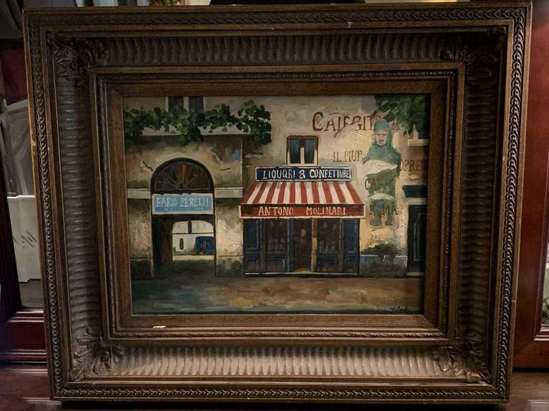 OIL ON CANVAS "CAFE RESTAURANT/LIQUOR STORE" NICELY FRAMED SIGNED BY T. EMILE 24X20 - UP MASTER BED image