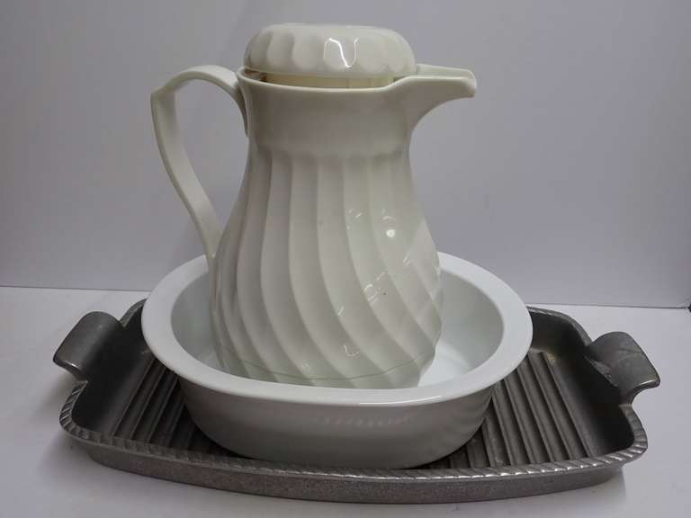 Corning Ware Baking Dish, Hormel Connoisserve Carafe & Wilton Armetale Tray Set image