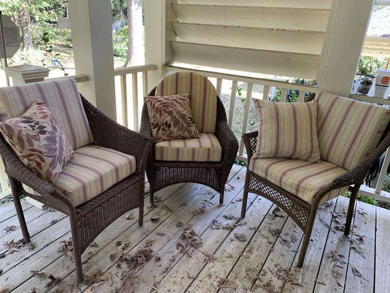 3 BROWN WICKER OUTDOOR CHAIRS W/ CUSHIONS & PILLOWS - BACK PORCH image