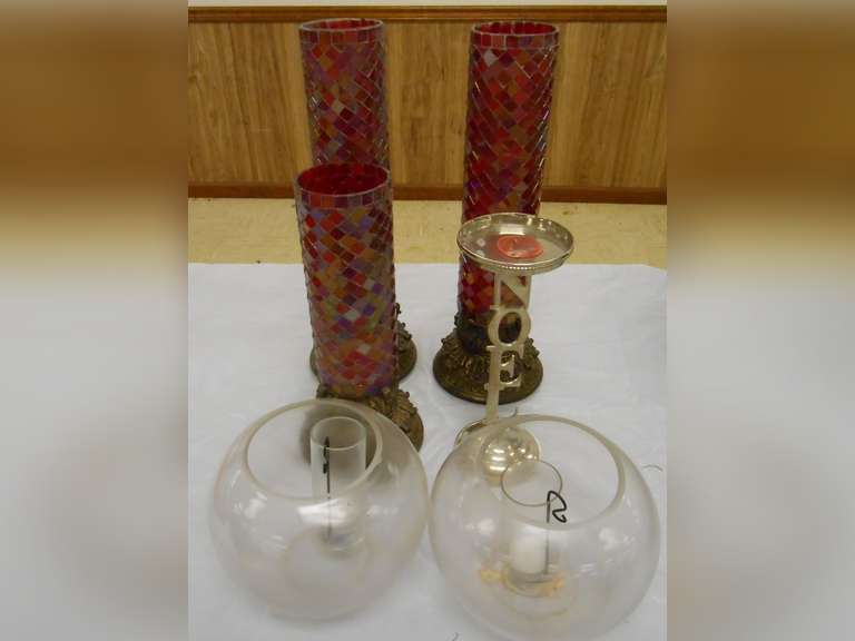 (3) TALL MULTI COLOR CANDLE HOLDERS, (2) GLASS GLOBES, (1) NOEL CANDLE HOLDER image