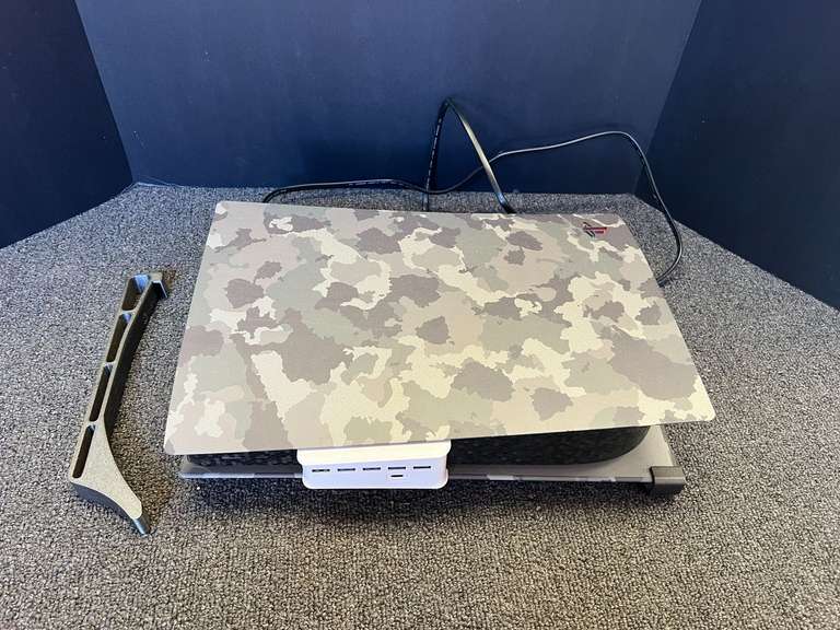 Sony PlayStation five with camouflage cover, working condition unknown, see pictures for details. image