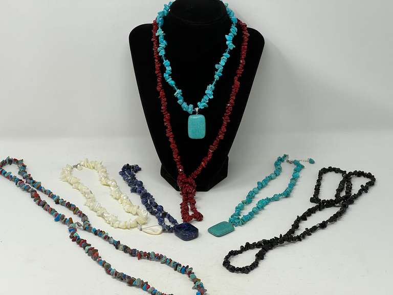 Assortment of ladies beaded necklaces, stones resemble turquoise, red coral, mother-of-pearl, and Moore. See pictures for details. image