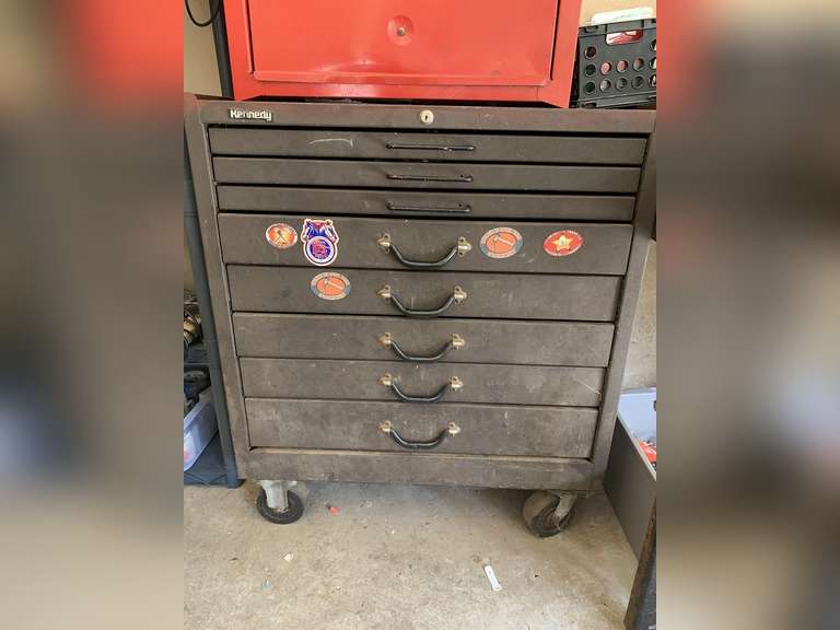 LARGE KENNEDY BLACK 8 DRAWER TOOL BOX W/ CONTENTS 34 1/2" WIDE X 20" DEEP X 38 1/2" TALL ***SPECIAL PICKUP INSTRUCTIONS - GARAGE image