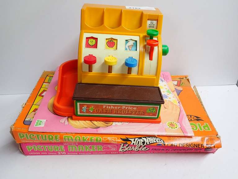 Fisher-Price Cash Register with Mattel Picture Maker Sets and Timey Tell Paper Doll image
