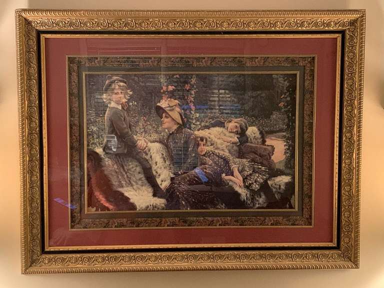 EXTRA LARGE ORNATELY FRAMED/MATTED BY JAMES JACQUES JOSEPH TISSOT (BELIEVED TO BE COLORED LITHOGRAPH) ART PRINT OF THE GARDEN BENCH MOTHER & CHILDREN 46" X 34" - LIVING ROOM image