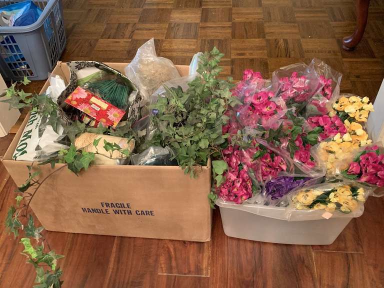 BOX FULL OF SILK GREENERY & CRATE FULL OF SILK PANSIES - DINING ROOM image
