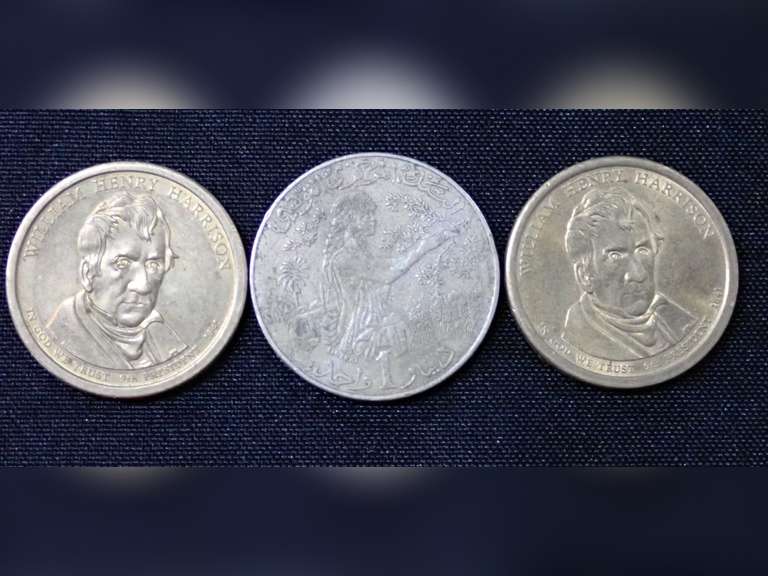 (2) $1 Presidential Coins & (1) 1988 Tunisia 1 Dinar Coin