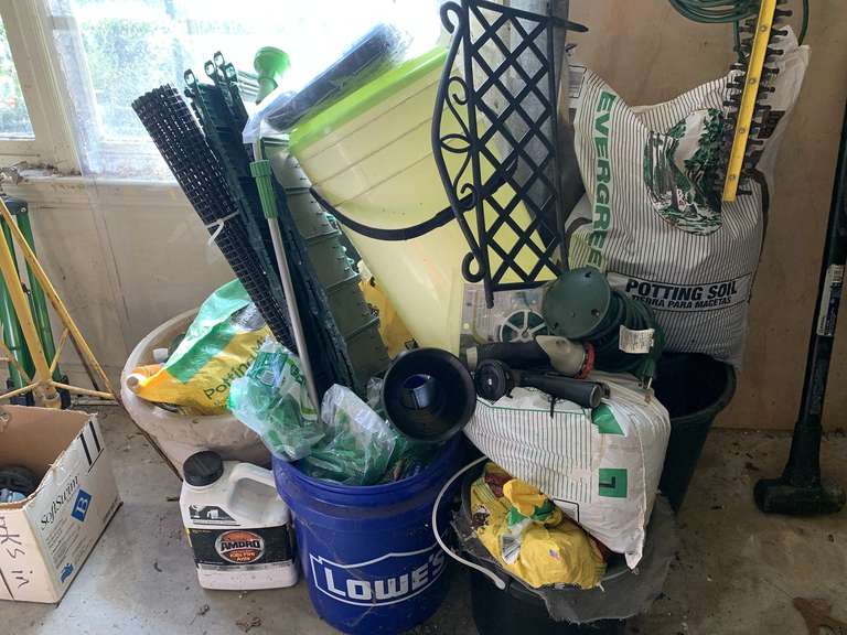 GARDENING LOT TO INCLUDE POTTING SOIL, PLANTERS, YARD SPIKES & MORE - GARAGE image
