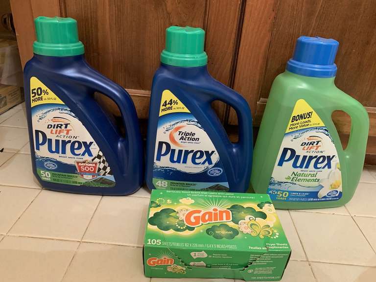 3 BOTTLES OF PUREX LIQUID LAUNDRY DETERGENT & 1 BOX GAIN DRYER SHEETS (MOST FULL) - UP MASTER BATH image