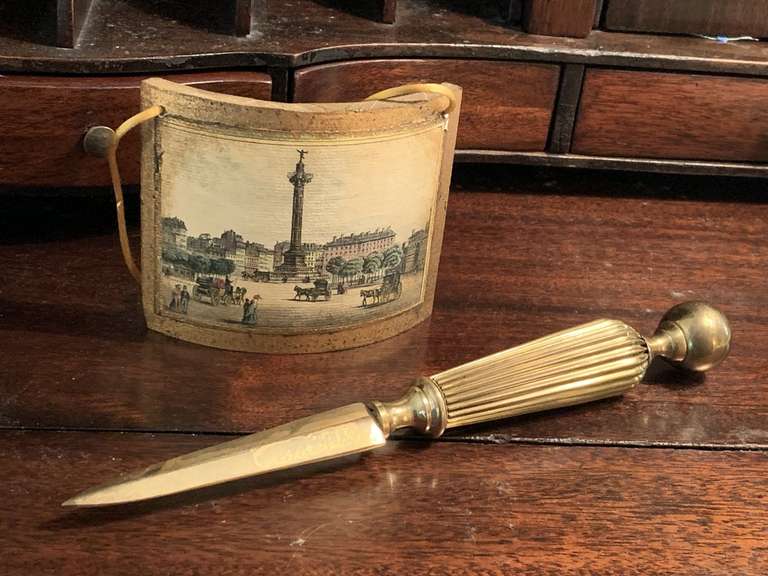 VINTAGE FRENCH GILDED MASTER WALL HANGING ART CONVEX 4 1/2" X 4" & VINTAGE SOLID BRASS LETTER OPENER - LIVING ROOM image