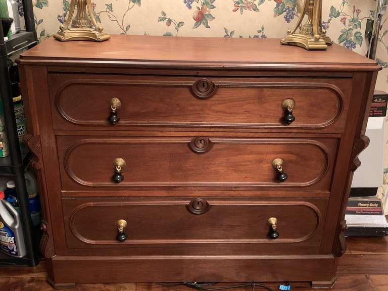 VICTORIAN ANTIQUE 1800S WALNUT 3 DRAWER CHEST WITH DROP PULLS (EXCELLENT CONDITION) 43" LONG X 18" DEEP X 34" TALL ***SPECIAL PICKUP INSTRUCTIONS - DINETTE image