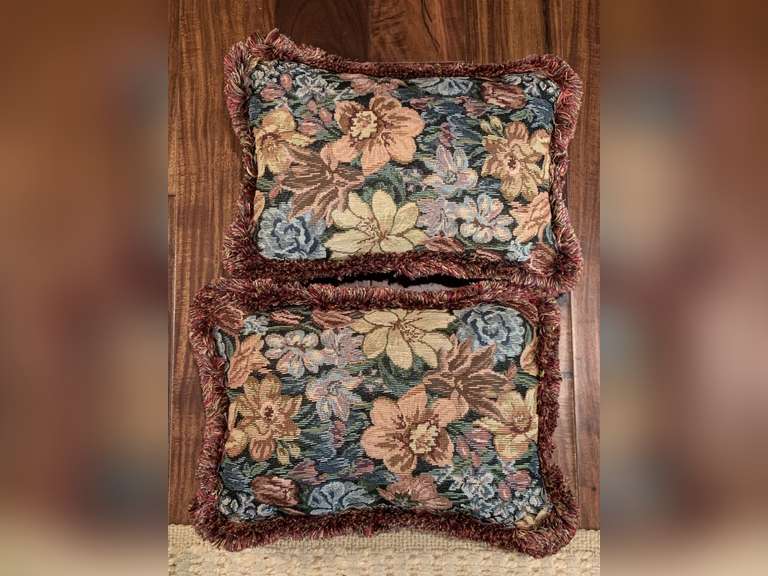 2 TAPESTRY THROW PILLOWS WITH FRINGE 15" X 11" - DEN image