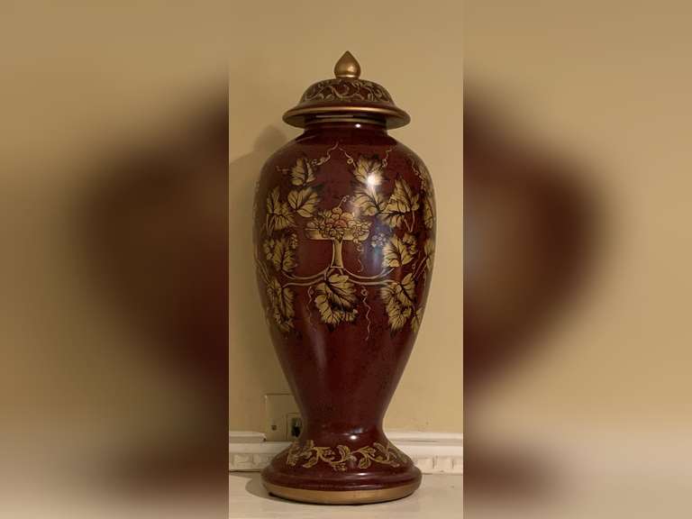 VERY NICE DECORATIVE WINE/GOLD TALL URN WITH LID 18" TALL - DEN image