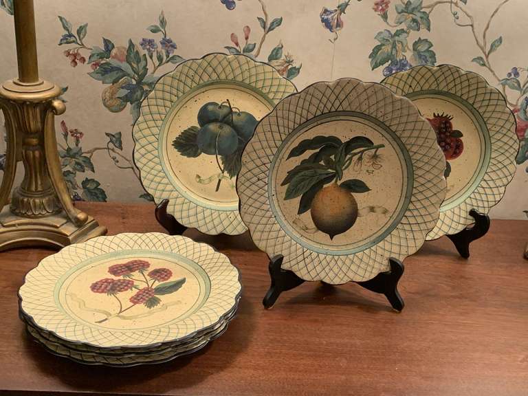SET OF 6 RAYMOND WAITES STONEWARE SCALLOPED FRUIT PLATES W/ 3 STANDS - DINETTE image
