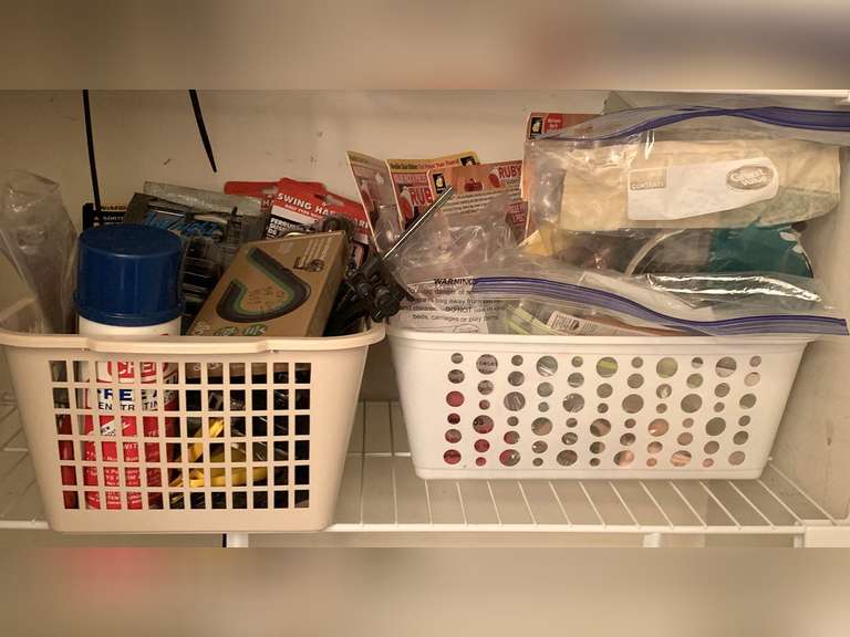 2 CRATES TO INCLUDE RUBY RED FURNITURE SLIDERS, NEW SWING HARDWARE, NEW WIRE BRUSHES & MORE - FOYER image