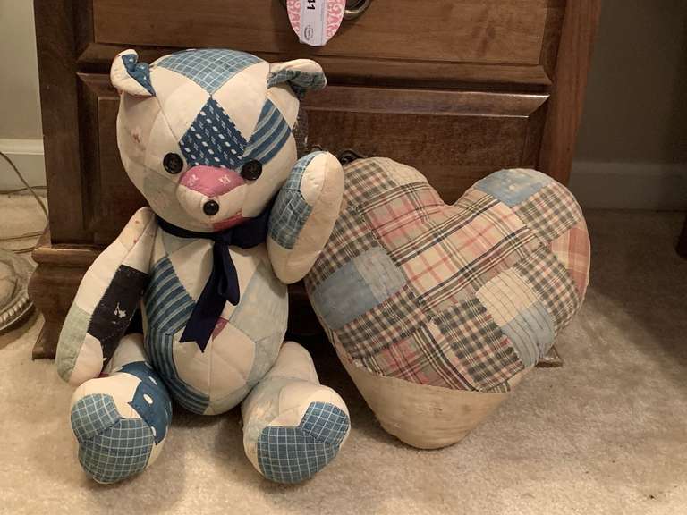 VINTAGE HANDMADE FROM OLD QUILTS JOINTED TEDDY BEAR & HEART SHAPED PILLOW - UP BED 1 image