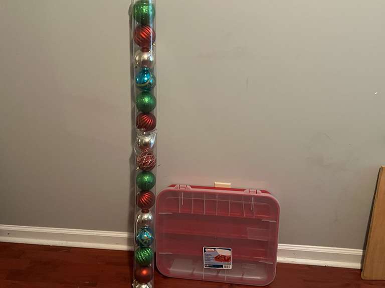 BR3… Tube of Christmas ornaments, also includes a Sterilite ornament storage box, pictures for details. image