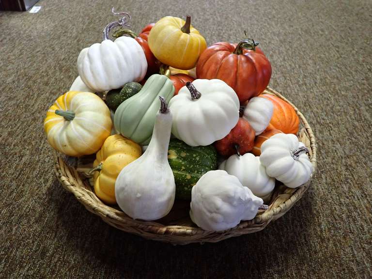 Basket of Assorted Faux Pumpkins and Gourds image