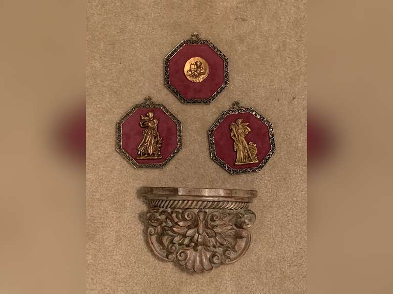 RESIN DECORATIVE SCROLLED WALL SHELF 9 1/2" WIDE X 7" TALL & 3 VINTAGE OCTAGON SHAPED WALL PLAQUES - UP MASTER BED image