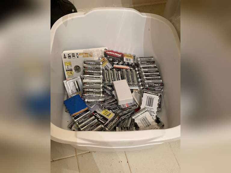 CRATE FULL OF ASSORTED BATTERIES (UNSURE IF GOOD) - CRATE INCLUDED - UP MASTER BATH image
