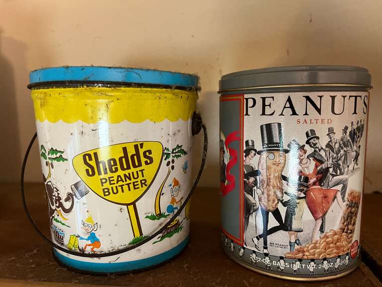 KIT… Vintage Shedd’s peanut butter tin with handle, also includes a Mr. Peanut tin replica, see pictures for details. image
