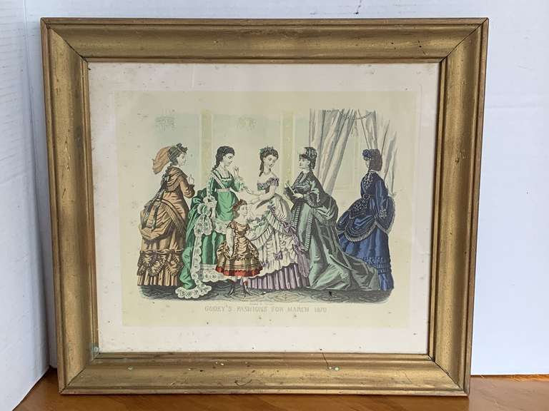 ANTIQUE GODEY'S FASHIONS FOR MARCH 1870 COLORED LITHOGRAPH 16" X 15" image