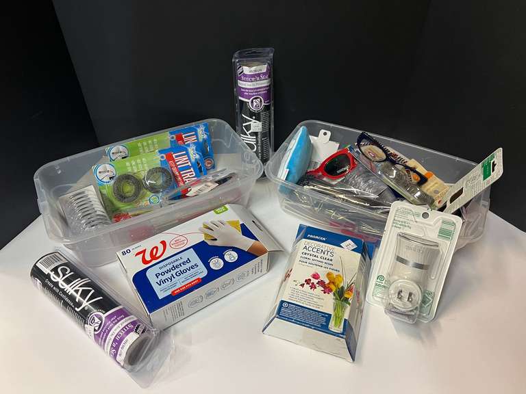 Assorted household goods to include Airwick mist fragrance replacement, and plug-in, powdered vinyl gloves, shower curtain hooks, clear floral setting resin, and more. Tubs are not included, see pictures for details. image