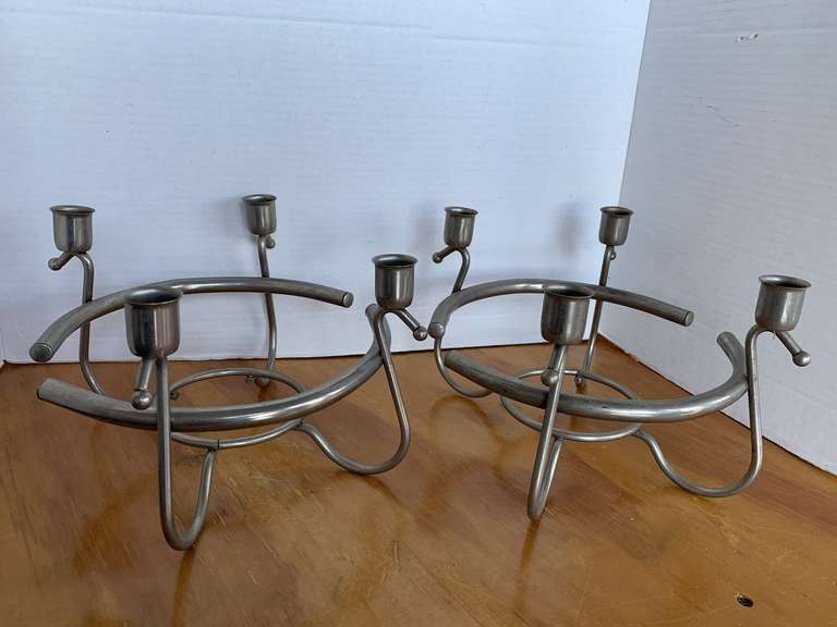 PAIR SILVERTONE METAL 4 CANDLE DECORATIVE HOLDERS 9" ROUND image