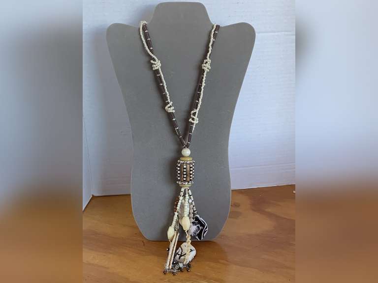 BOHO CHICO'S BROWN ROPE & BEADED TASSEL NECKLACE 26" LONG - CHECKOUT image