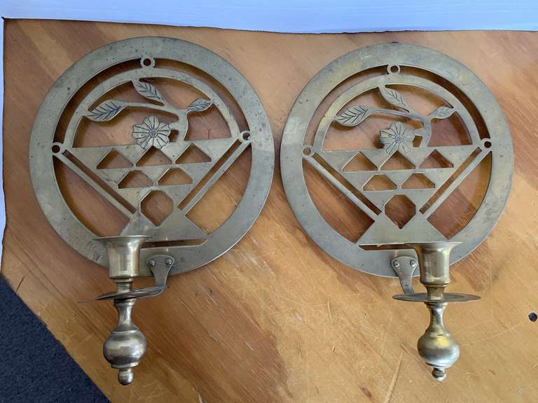 PAIR SOLID BRASS VINTAGE ASIAN LOTUS FLOWER GEOMETRIC ABSTRACT DESIGN WALL SCONCES/CANDLE STICK HOLDERS 8 1/2" ROUND image