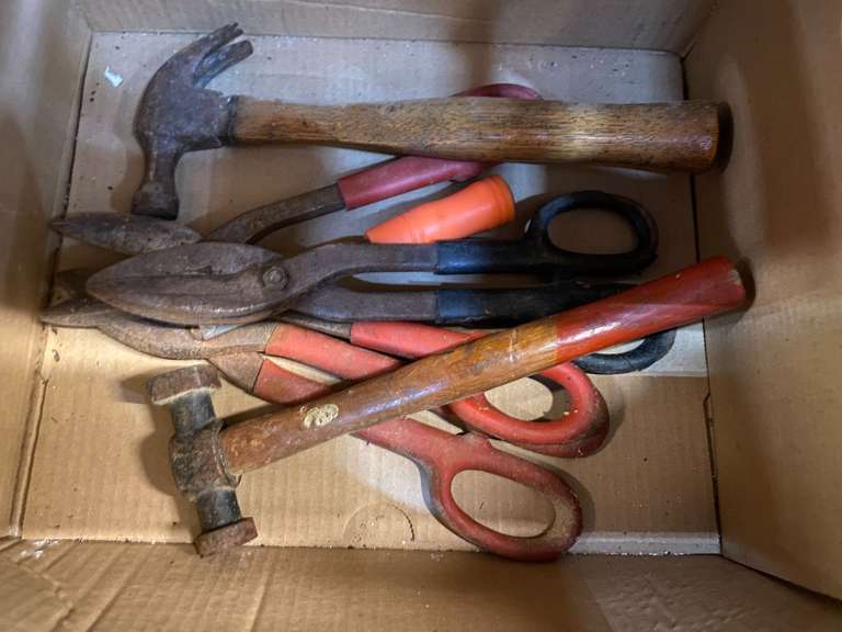 Assorted hand tools to include tin snips, chisel, finish hammer, and more. See pictures for details. image