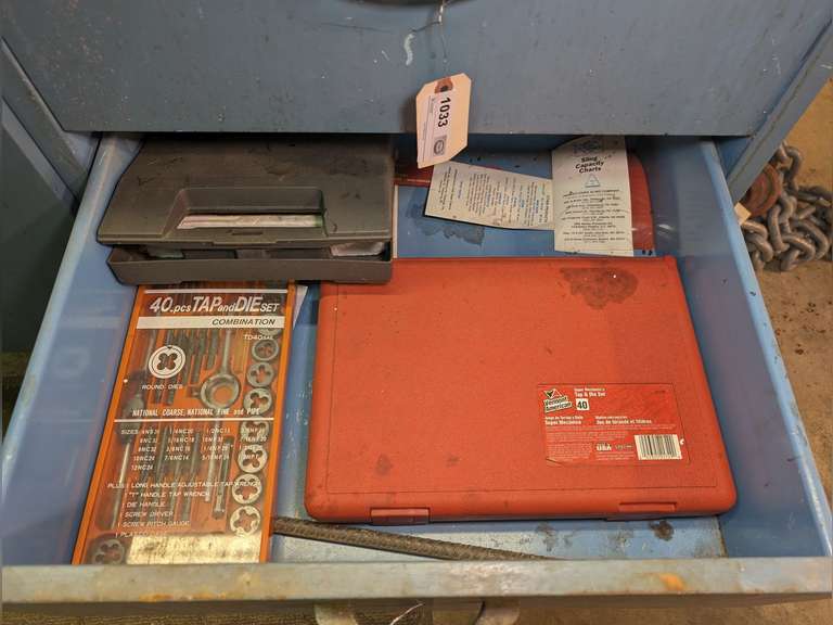CONTENTS OF CABINET DRAWER MARKED 1034 INCLUDING TAP AND DIE SETS, JCPENNEY DREMEL STYLE ROTARY TOOL, AND MORE image